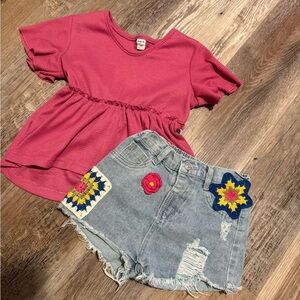 SHEIN Pink Short Sleeve Tee with Denim Shorts
